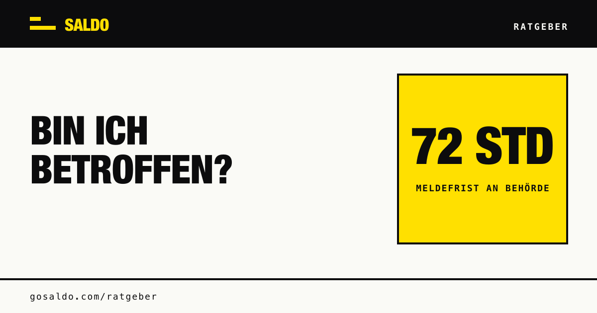 Ratgeber-Cover mit der Überschrift „Bin ich betroffen?“ und der 72-Stunden-Meldefrist an die Datenschutzbehörde.